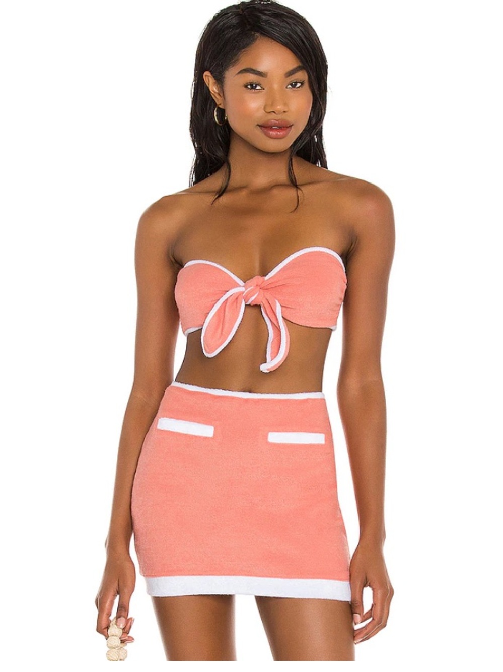 Lovers + Friends Coral-Pink Knit Mini Skirt Set with White Trim
